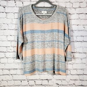 Lou & Grey Peachy-Pink Blue Grey Stripe 3/4 Sleeve Scoop Neck Size M Loungewear